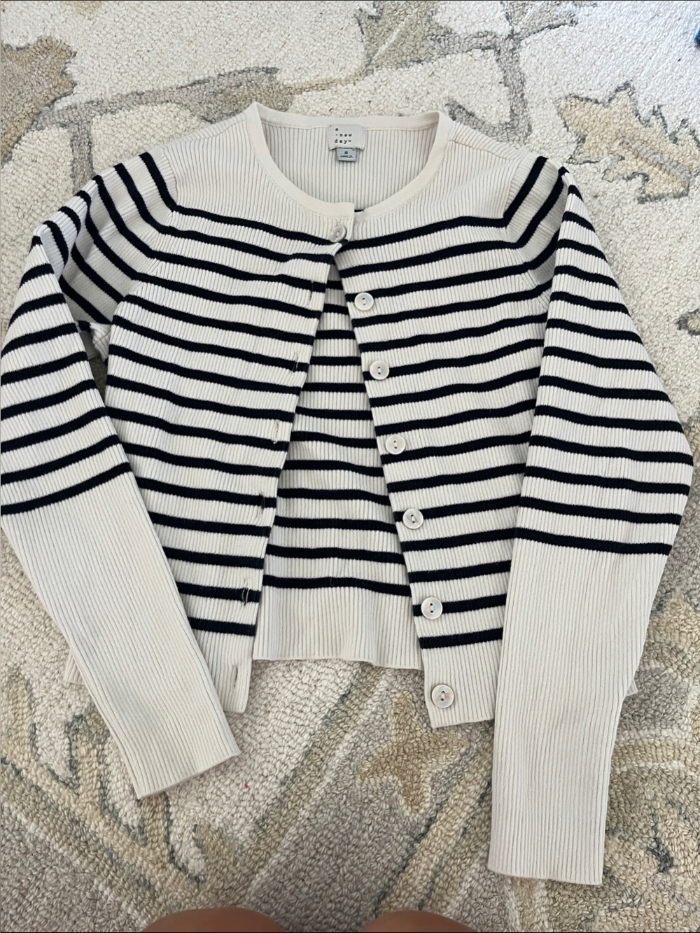 a new day White & Black Striped Button-Front Crewneck Cardigan